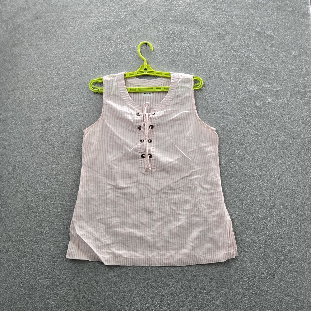 Tommy Bahama Women Tank S/P Pink Linen Striped Button Strap Scoop Neck Lace Up
